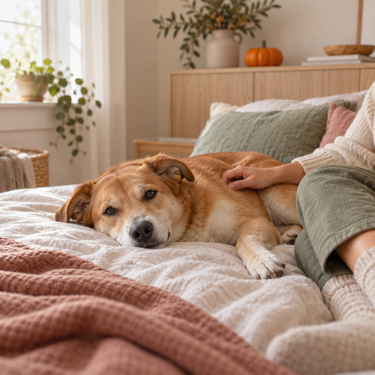 Illustrative scene of a relaxed tan dog beside its person, with a small pumpkin in a warm cream living room.