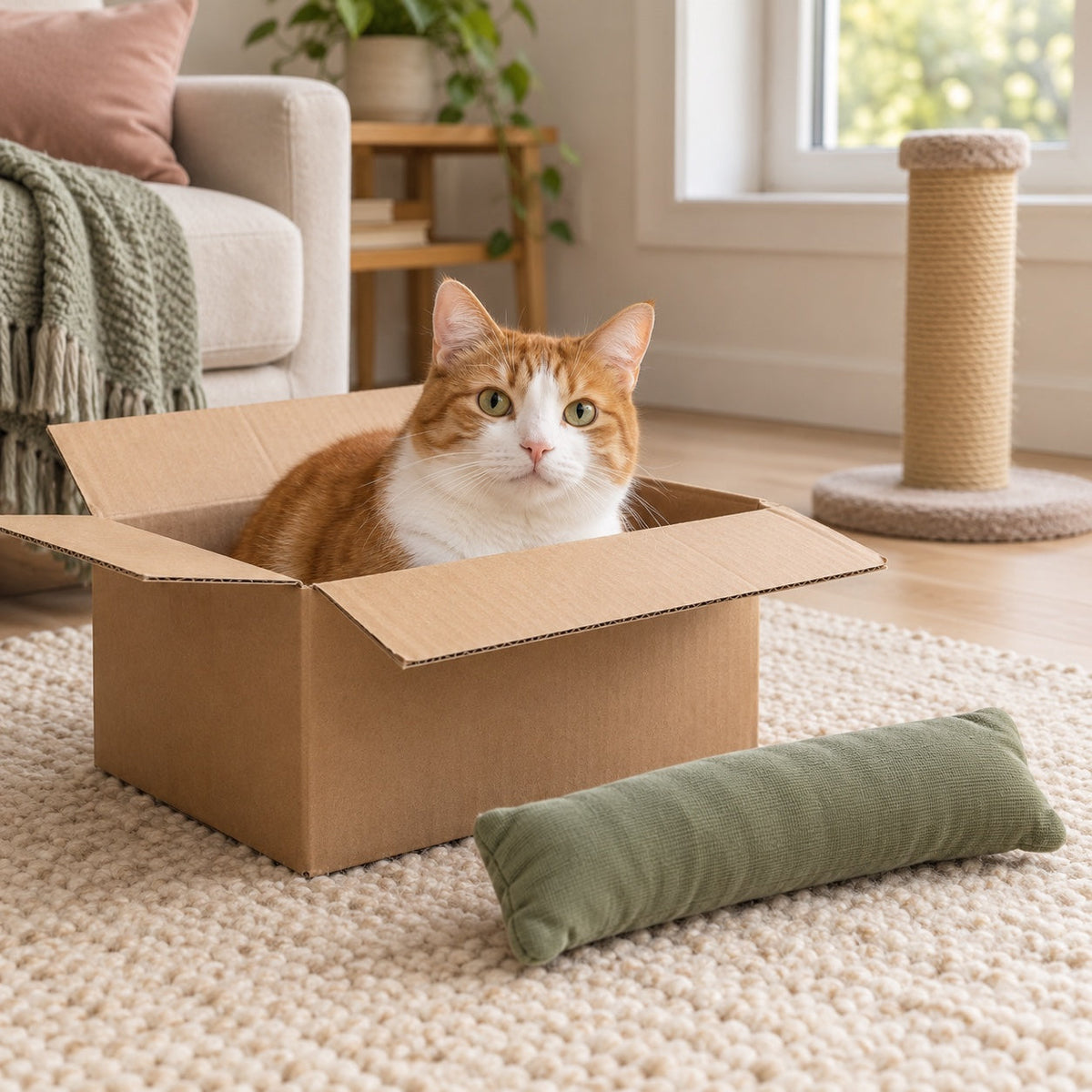 Illustrative scene of an orange-and-white cat in an open cardboard box beside a large soft toy and a scratching post.