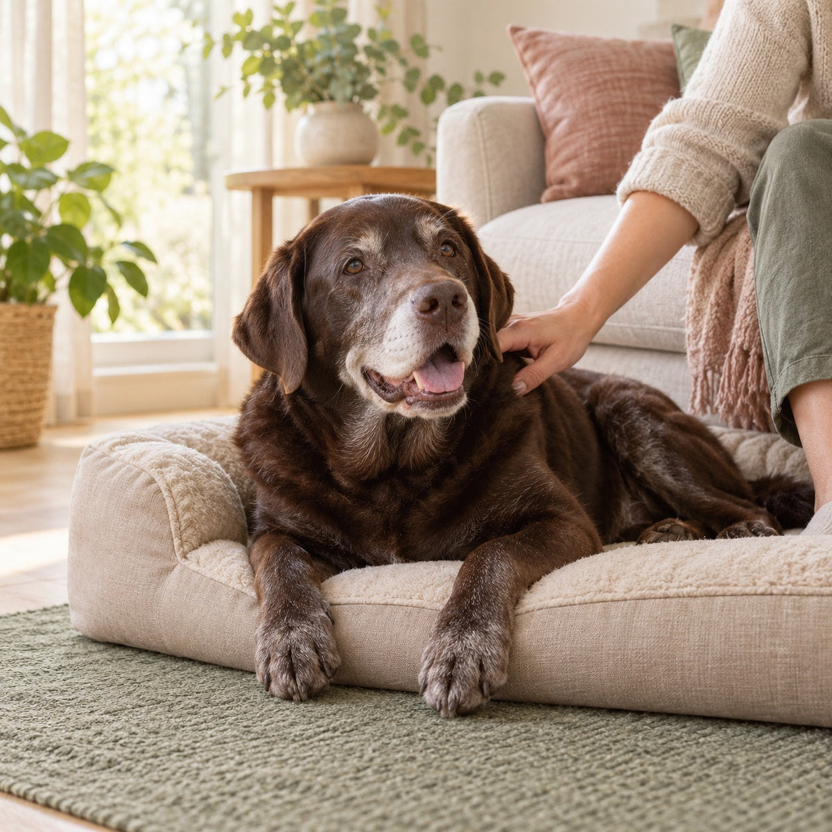 Illustrative scene of a senior chocolate Labrador with a silver muzzle resting on a low bed beside its person.