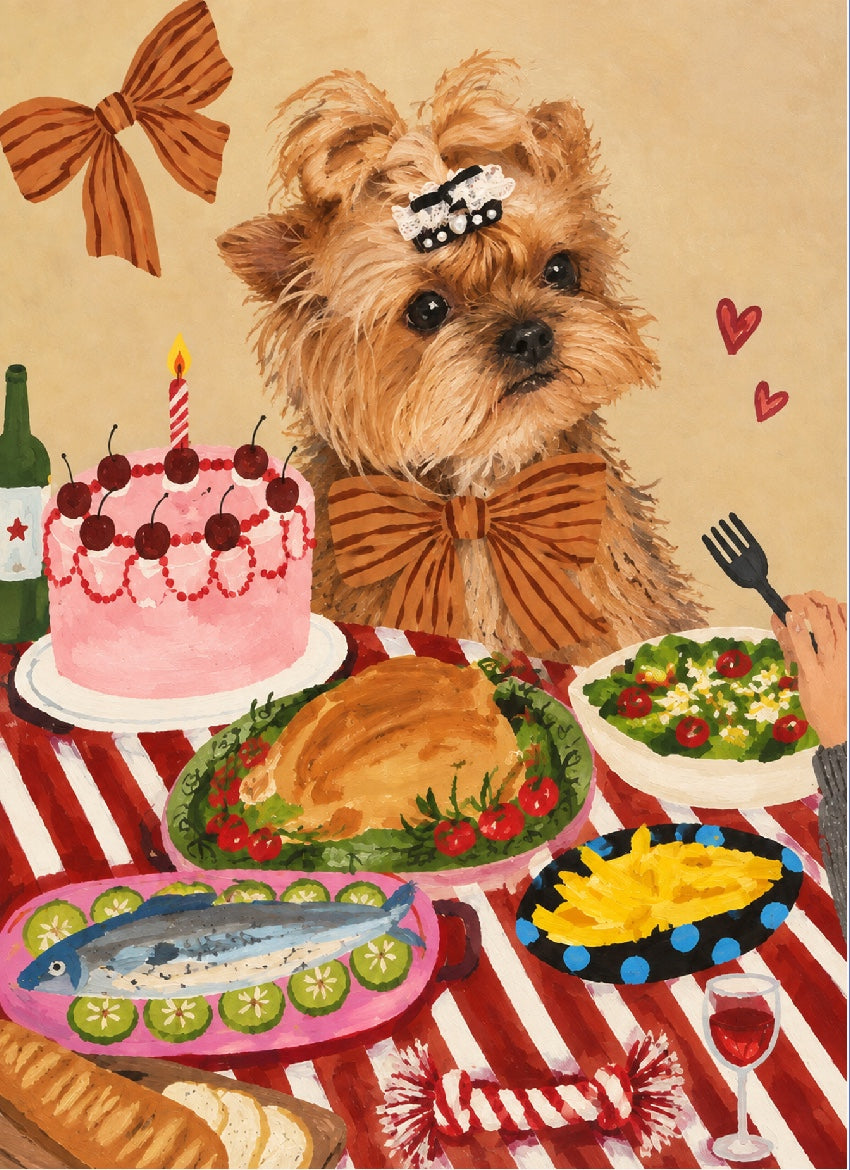 Brown background + red striped table