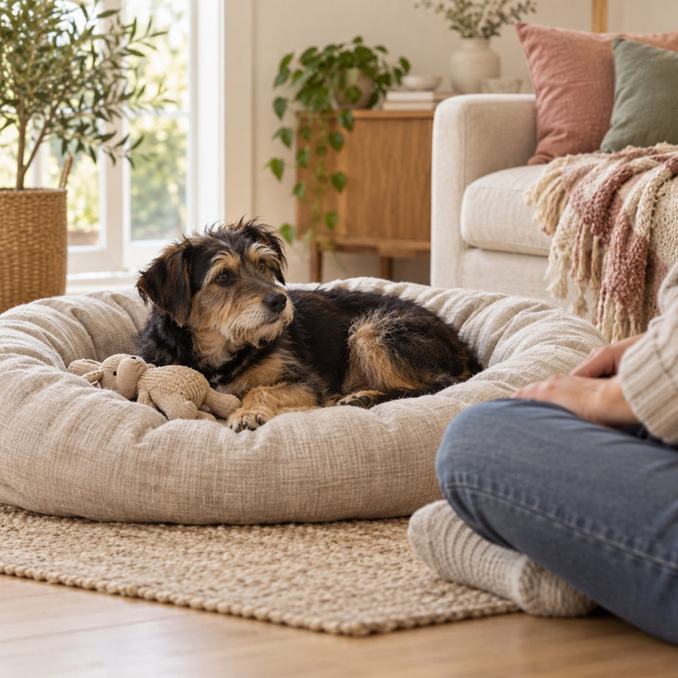 Illustrative scene of a scruffy black-and-tan dog resting on a linen bed with a toy while a person sits quietly nearby.