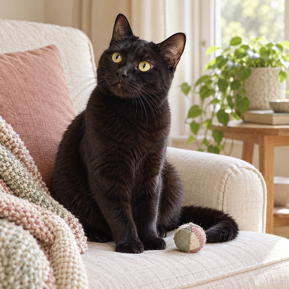 Illustrative scene of a black cat with yellow-green eyes sitting on an ivory armchair beside a small fabric ball.