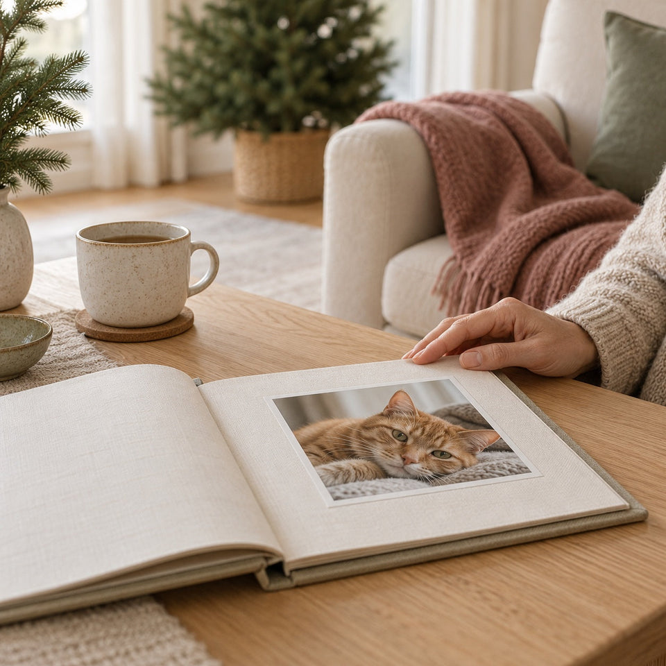 Illustrative scene of a hand resting beside a cat photograph in a linen album, with a subtle holiday tree in the background.