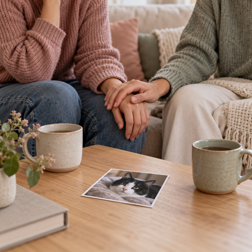Illustrative scene of two friends holding hands beside mugs and a small photograph of a black-and-white cat.