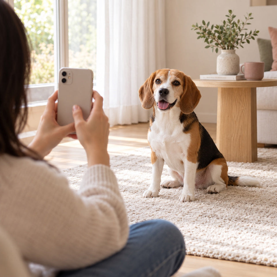 Illustrative scene of a person using a smartphone to photograph a relaxed beagle beside a softly lit window.