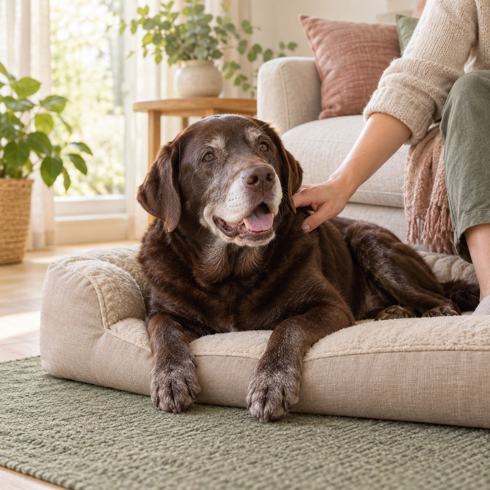 Illustrative scene of a senior chocolate Labrador with a silver muzzle resting on a low bed beside its person.