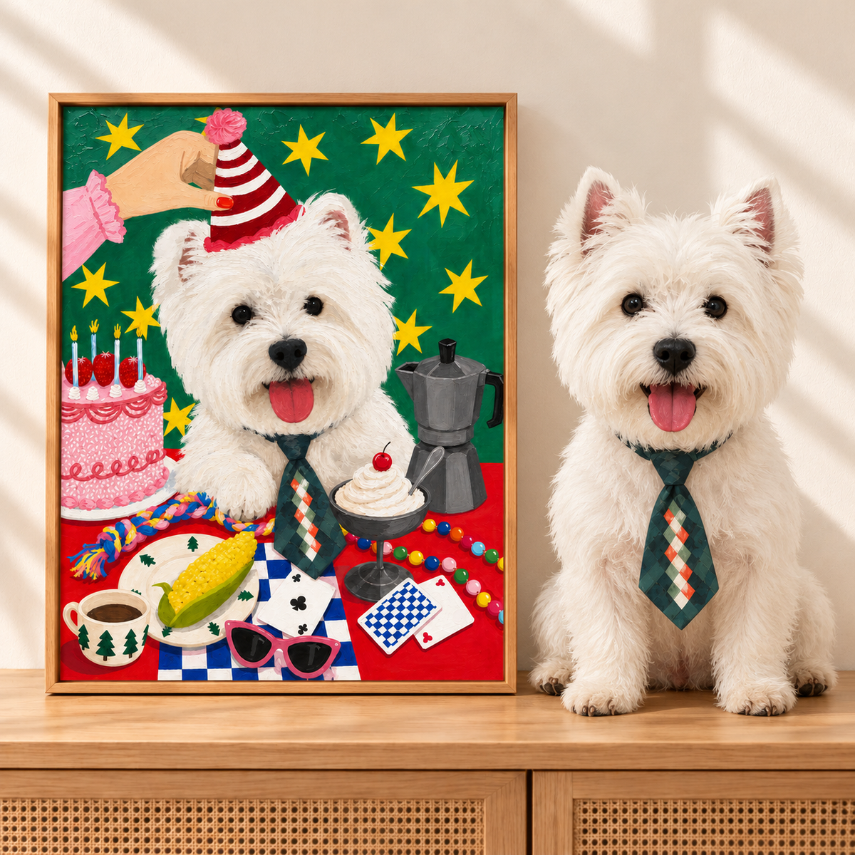 Styled visualization: a white Westie beside its matching birthday portrait, with clear raised brush texture.