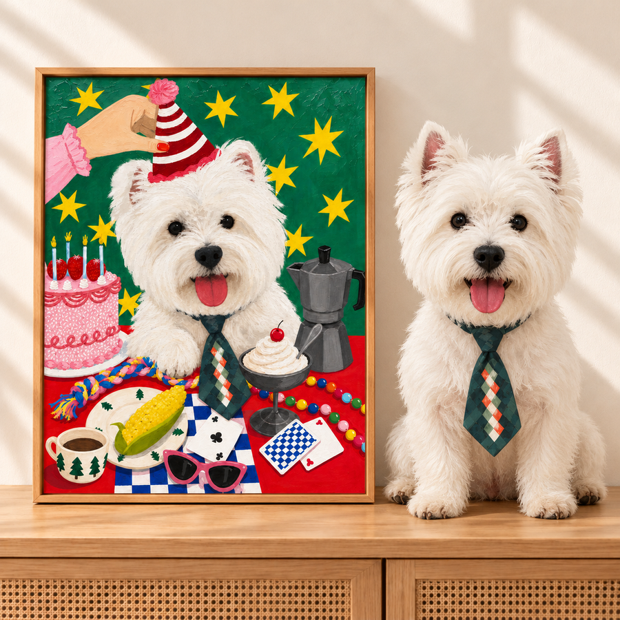 Styled visualization: a white Westie beside its matching birthday portrait, with clear raised brush texture.