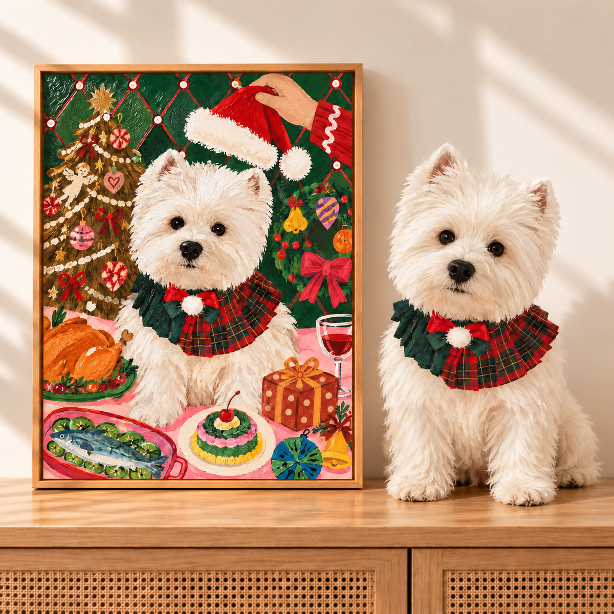 Styled visualization: a white Westie beside its matching Christmas portrait, with clear raised brush texture.