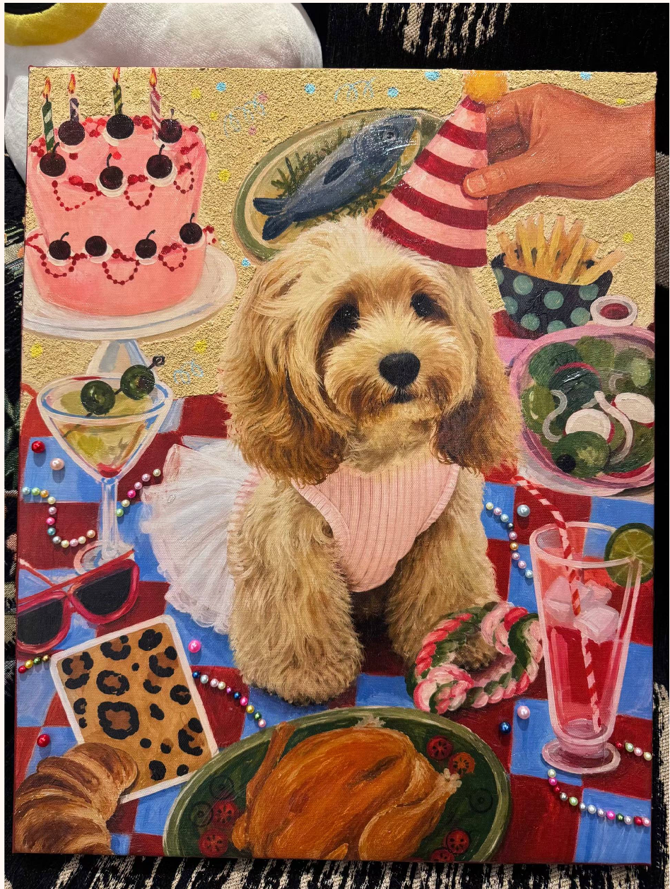 Finished birthday pet portrait with a raised quartz sand background.