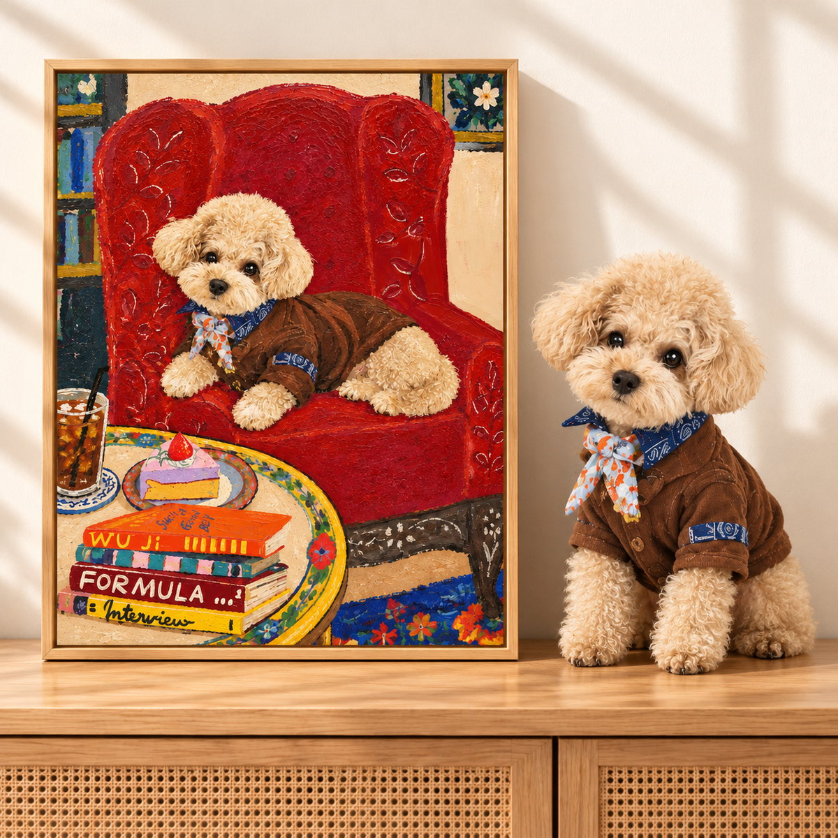 Styled visualization: an apricot poodle beside its matching red-sofa portrait, with clear raised brush texture.