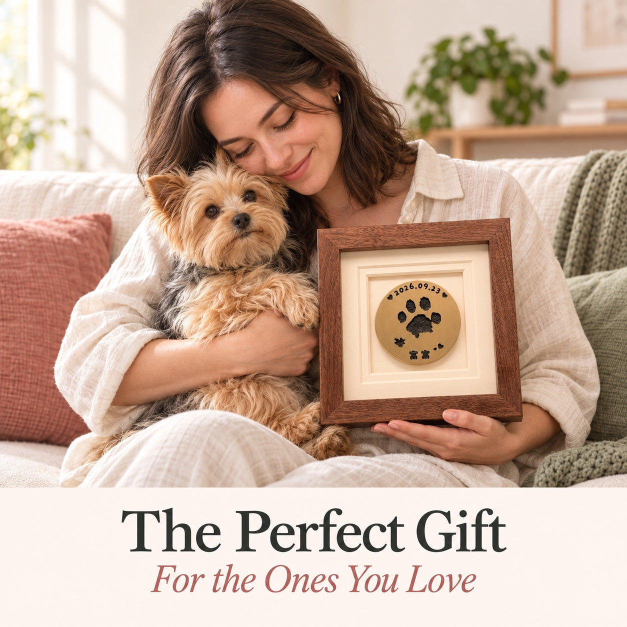 A pet parent holds their dog and a brass paw-print frame. The perfect gift for the ones you love.