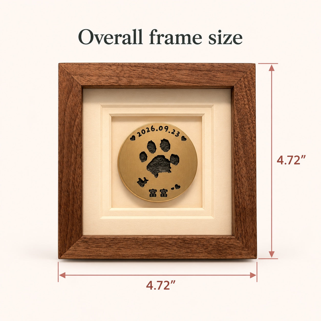 Brass paw-print frame size diagram: the outer wooden frame measures approximately 4.72 inches wide by 4.72 inches high (12 by 12 cm).