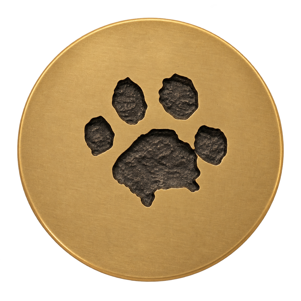 A separate round brass disc with a dark engraved paw print and space above and below for your text.