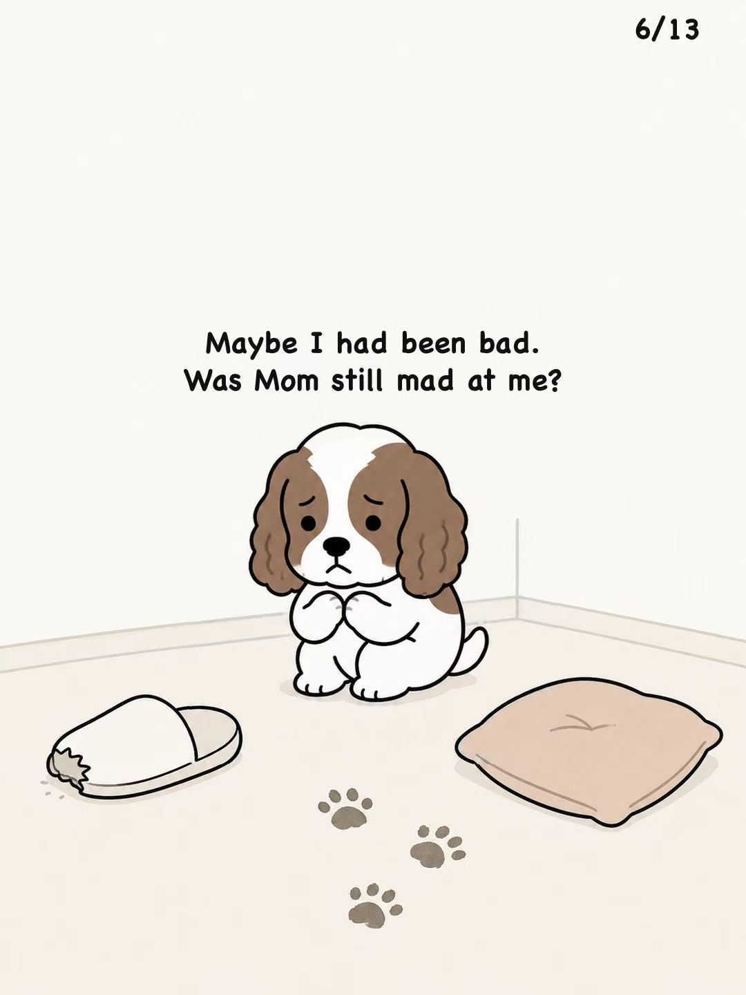 A worried dog sits between a chewed slipper and a cushion.
