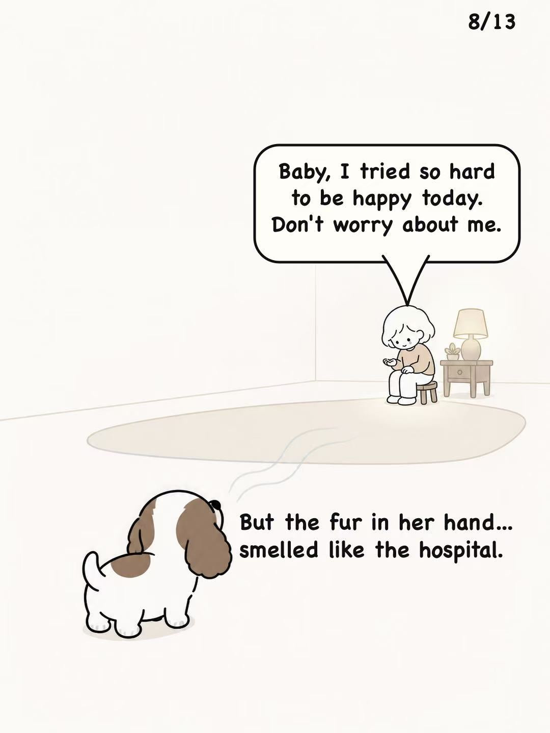 Mom holds a lock of fur while the dog watches from across the room.