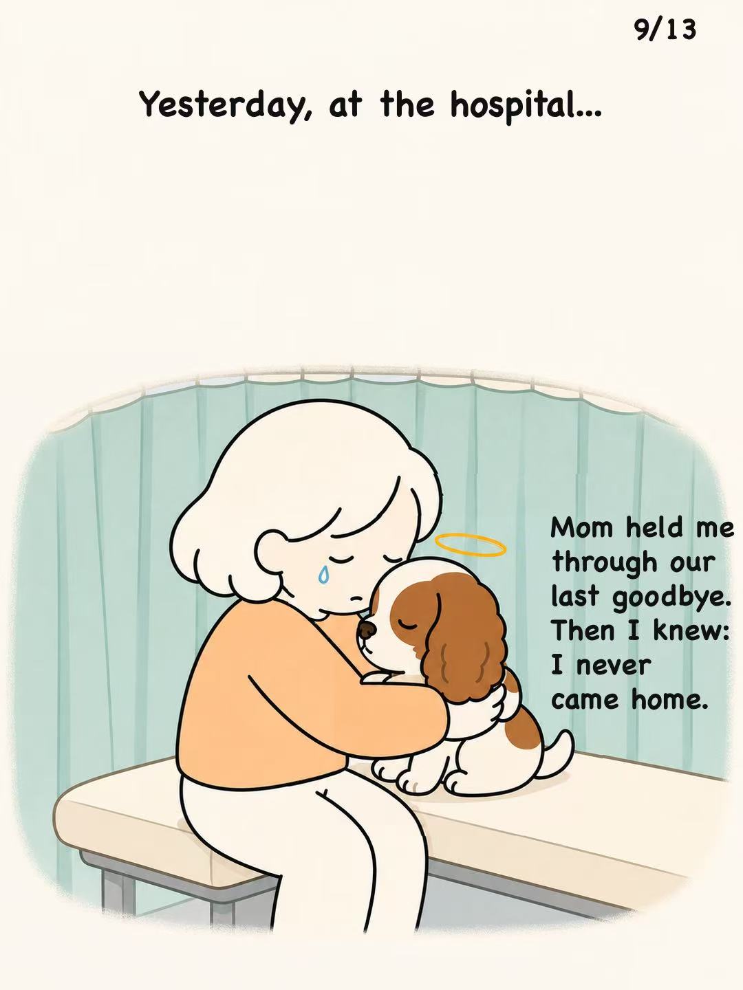 Mom cradles her dog during their last goodbye at the hospital.