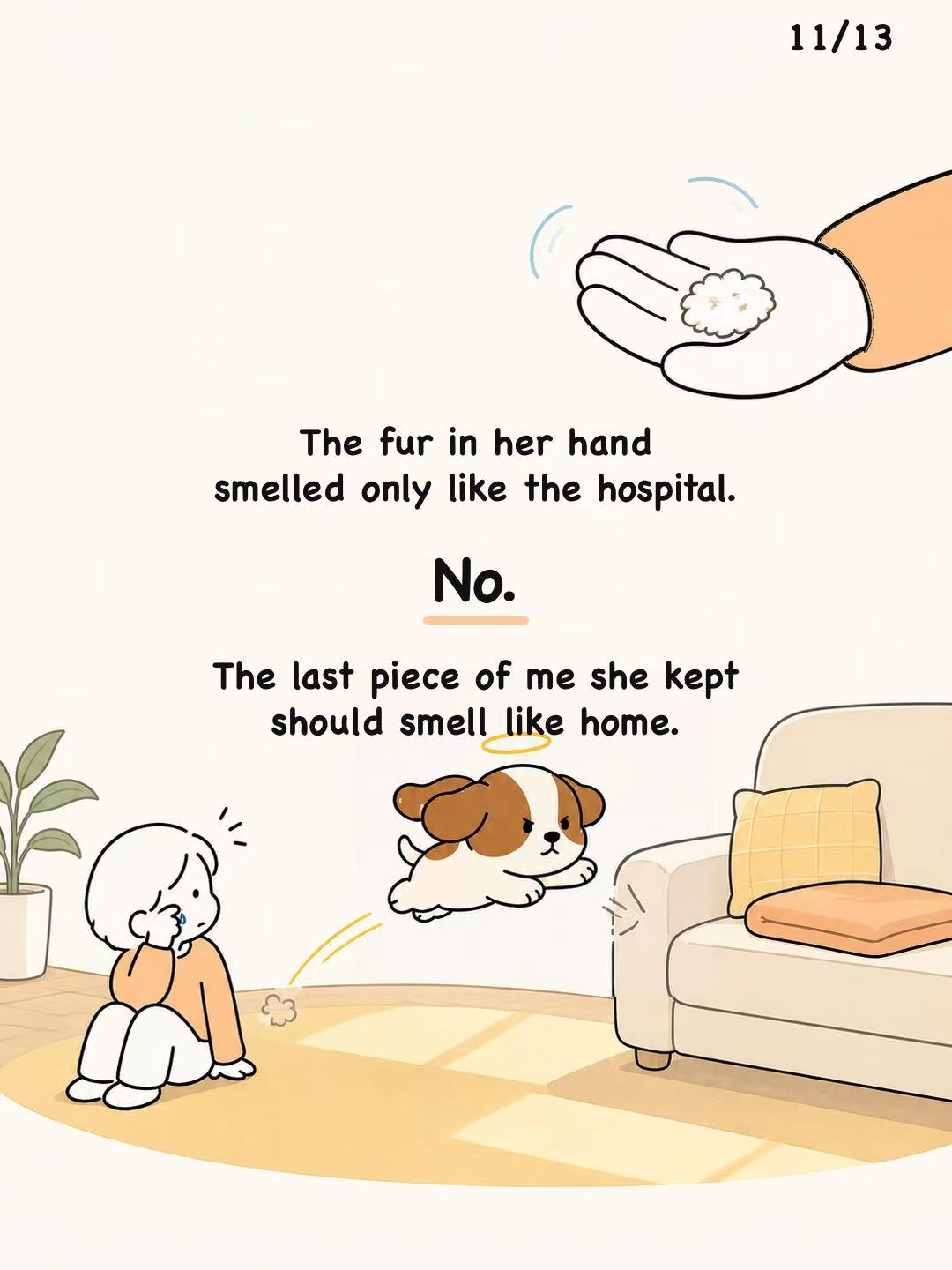 The dog leaps toward the sofa, determined to leave a reminder of home.