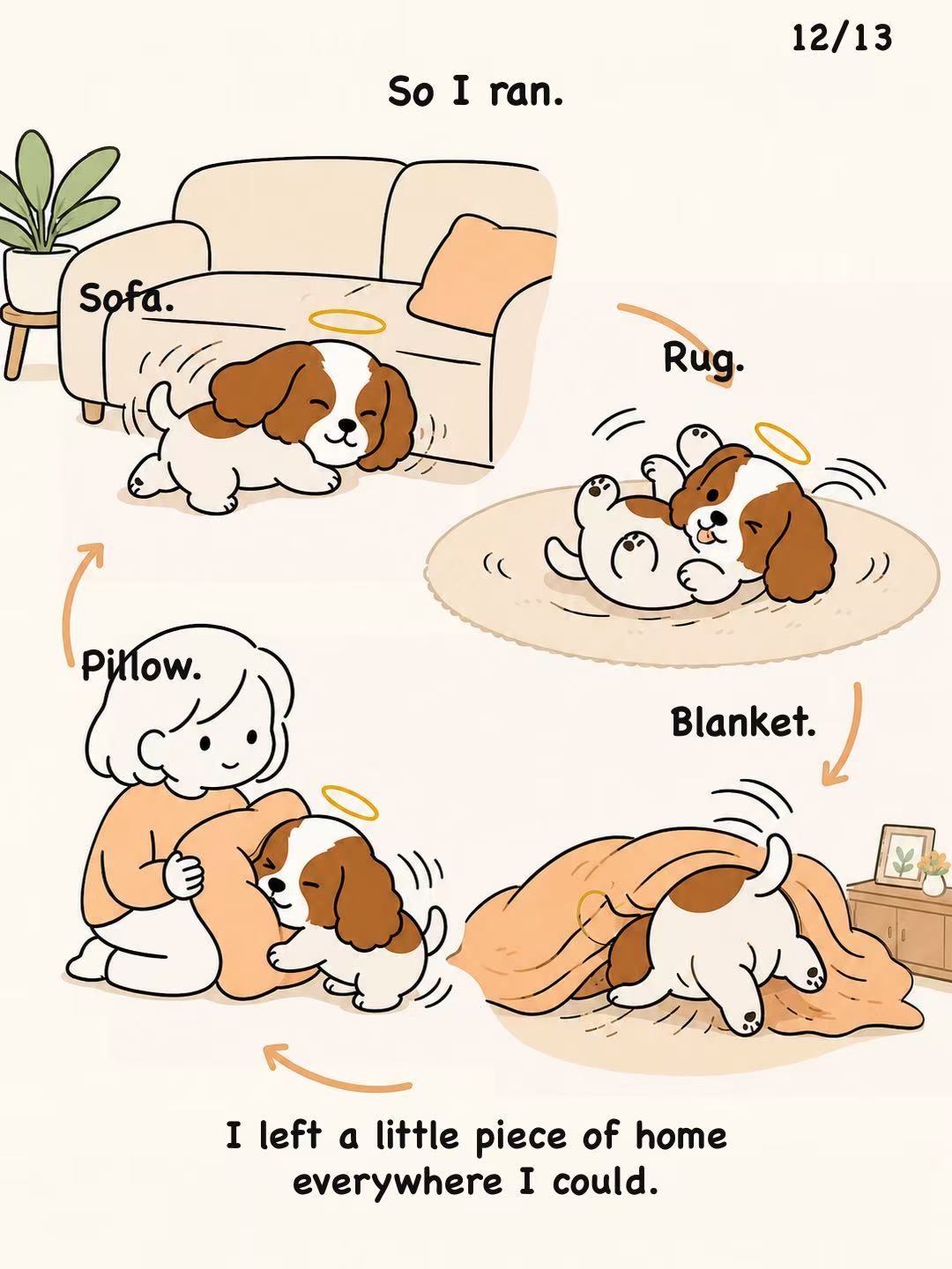 The dog rolls and rubs against the sofa, rug, blanket, and pillow.