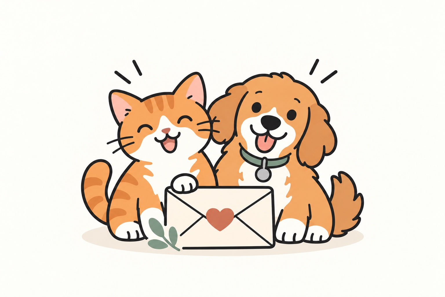 An orange-and-white cat and a golden dog welcome a letter sealed with a heart.