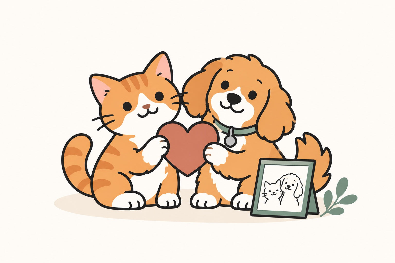 A cat and dog hold a heart together beside a small illustrated pet portrait.