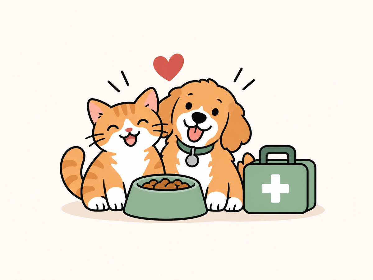 Illustration of a cat and dog beside a food bowl and first-aid kit.