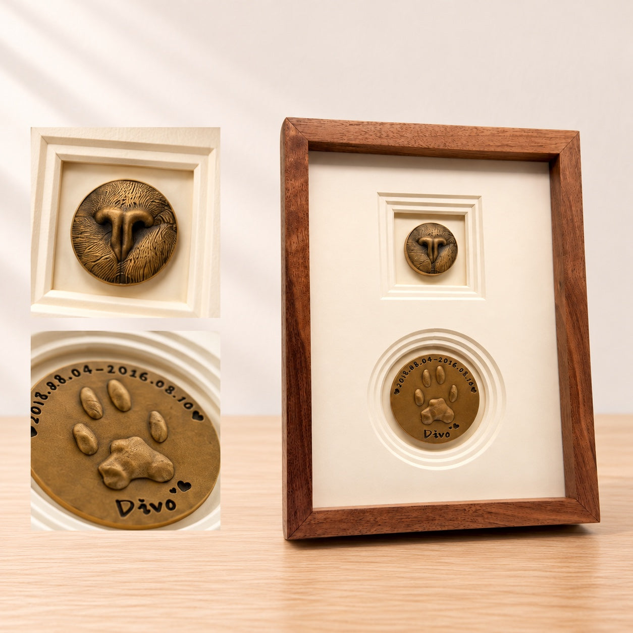 The vertical wooden frame with a small nose-print brass disc above a larger personalized paw-print disc.
