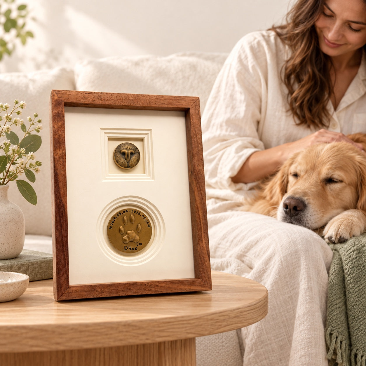 The nose and paw-print frame in a warm home with a pet parent and dog nearby.