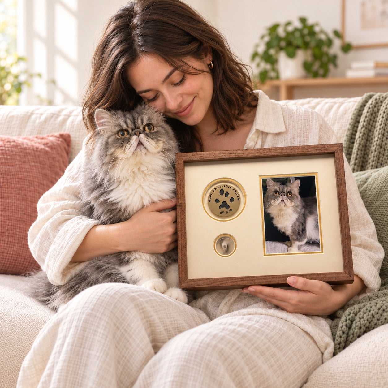 A pet parent and cat beside the wooden frame with a brass paw print, portrait photo and fur window.