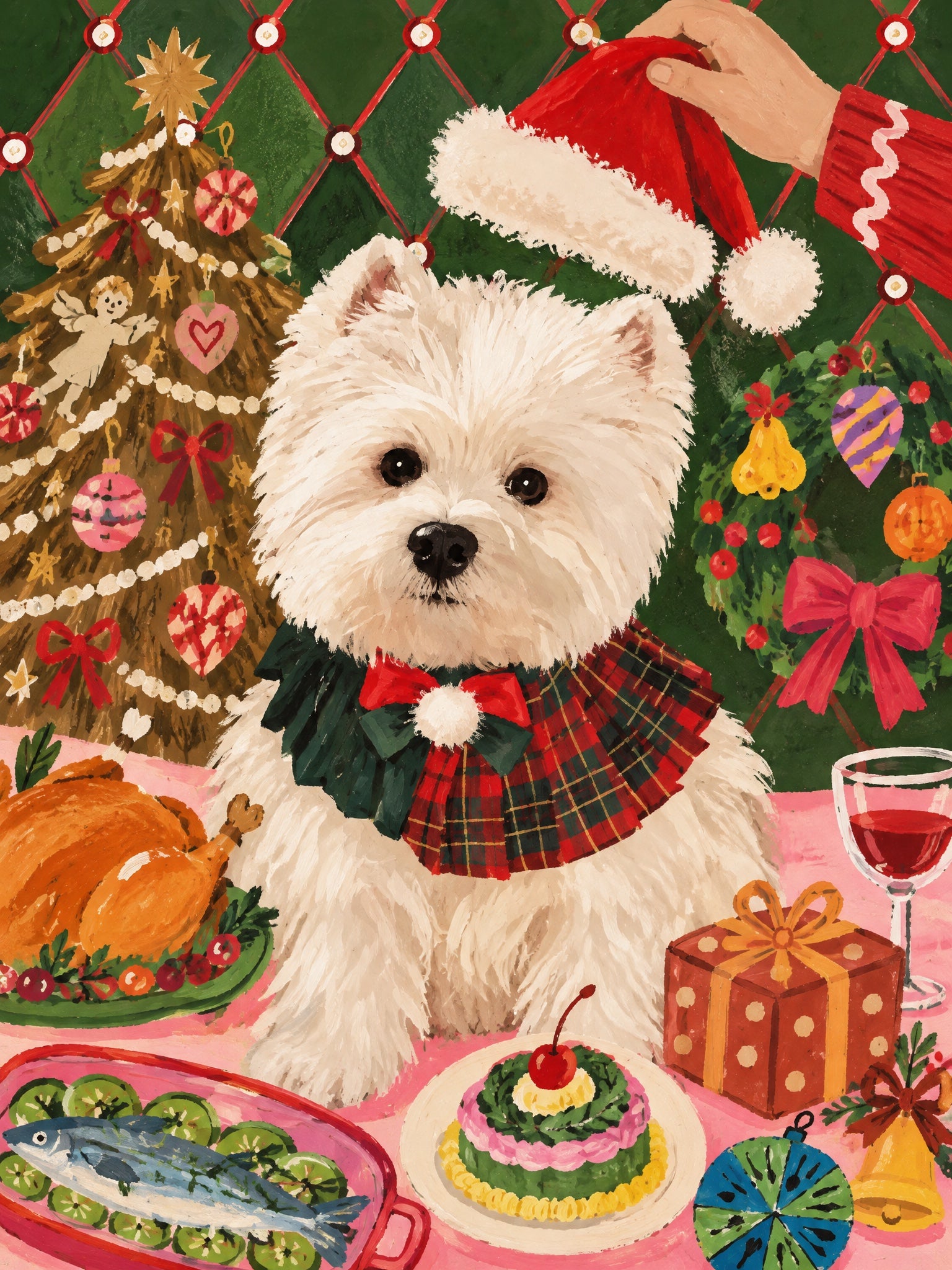 Green background + pink tablecloth
