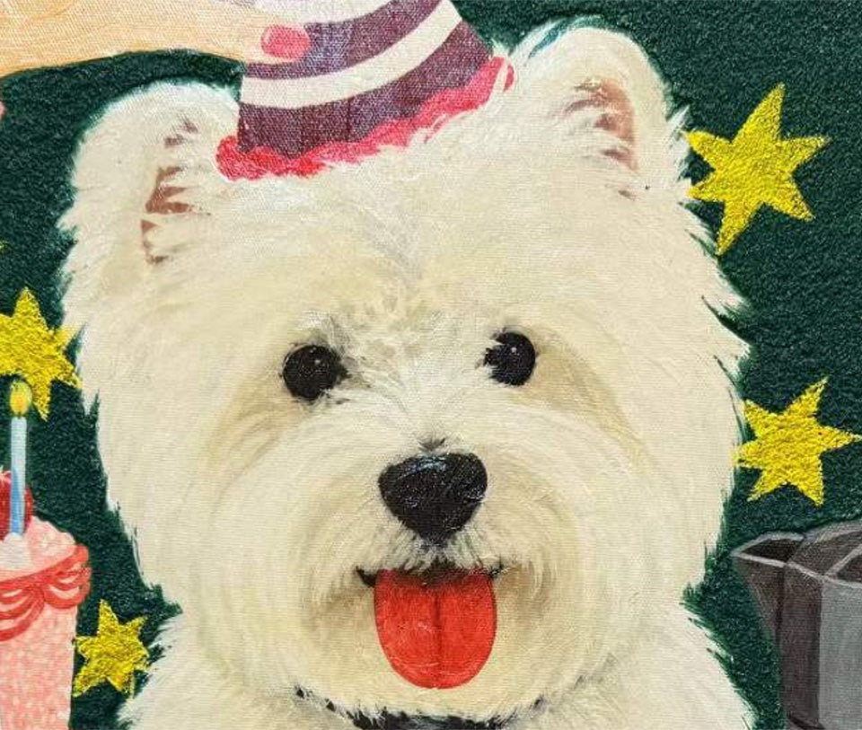 Birthday portrait of the same white terrier against a green background
