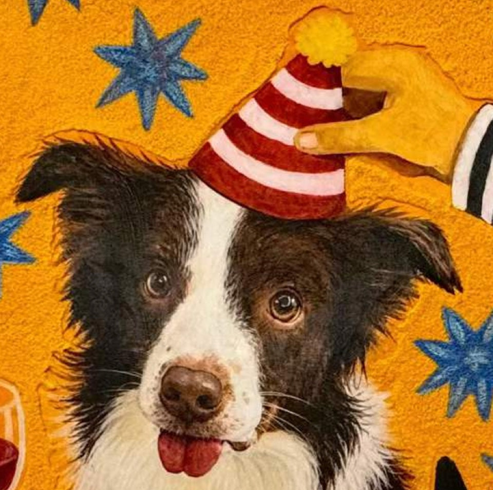 Birthday portrait of the same brown and white dog against a yellow background