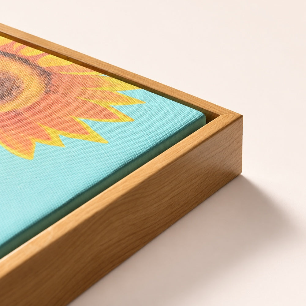 Natural wood frame corner showing the finish and canvas gap