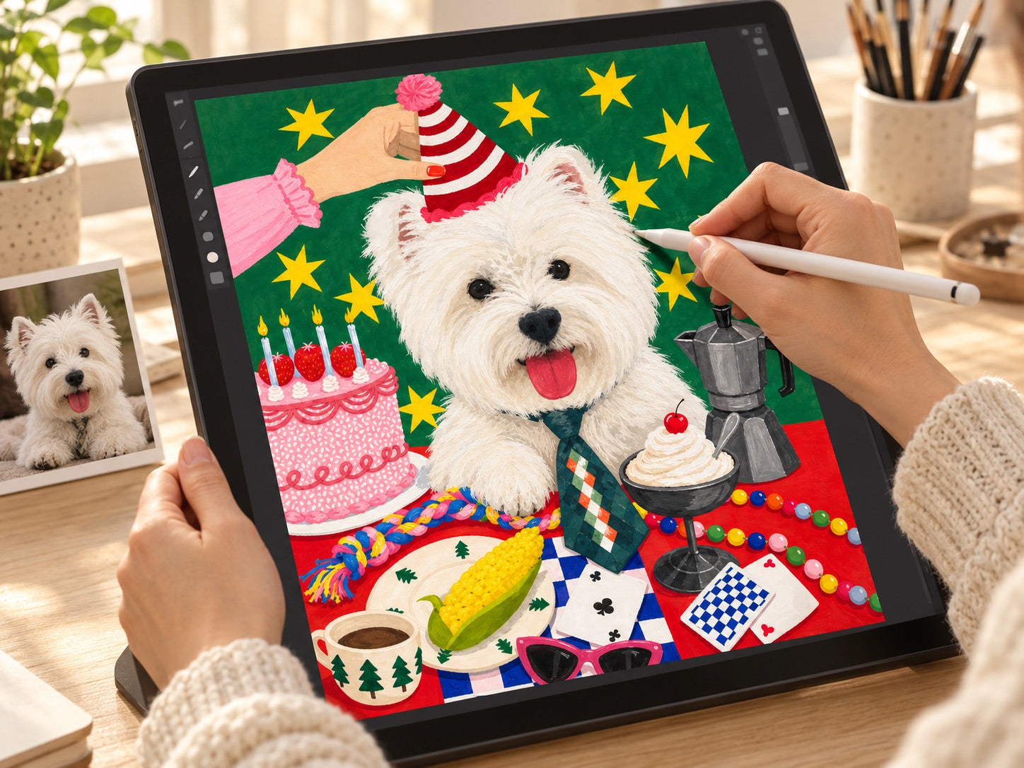 Process illustration of an artist drawing a white terrier birthday portrait with a stylus.