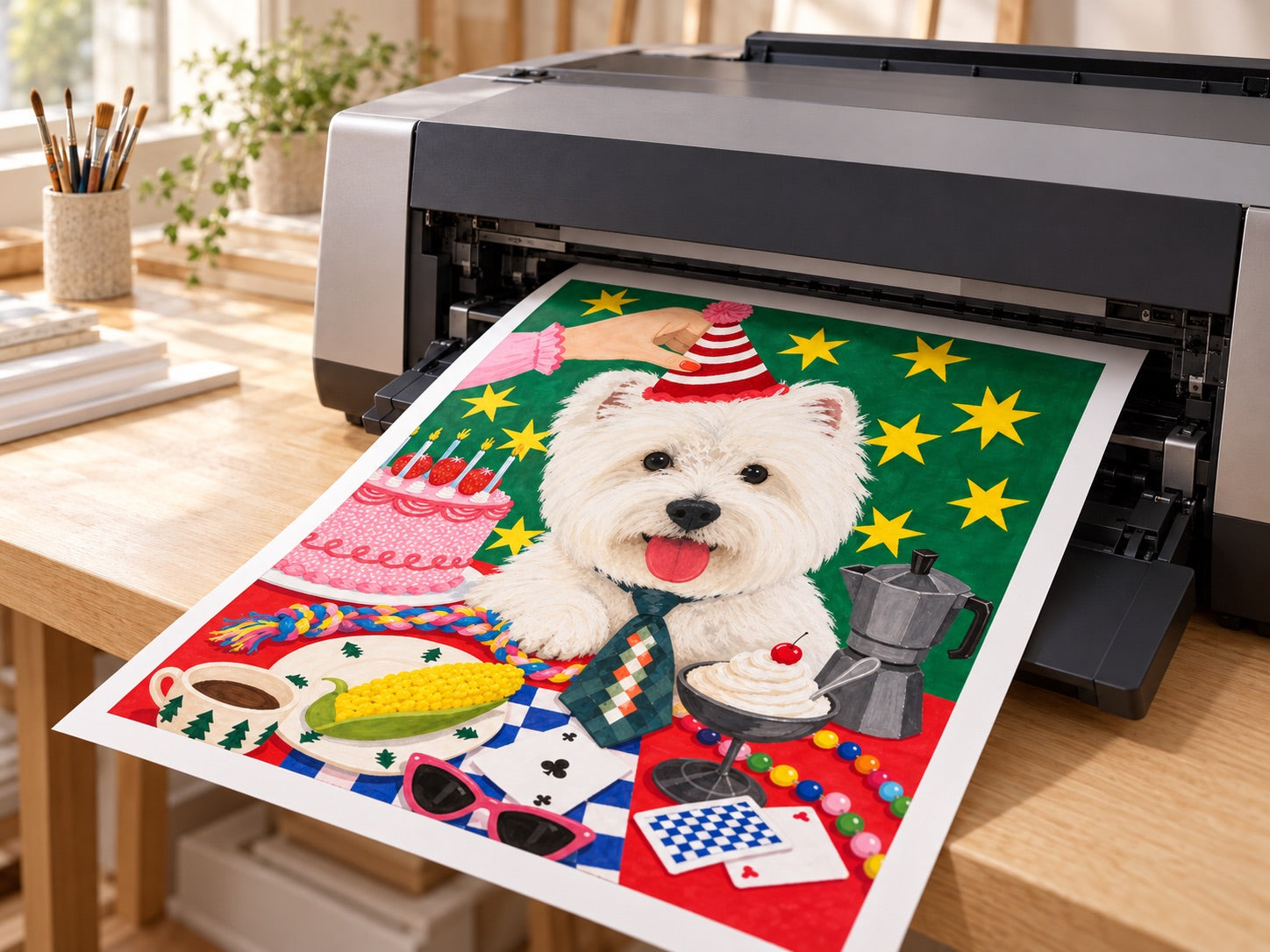 Process illustration of a precision printer producing the same colorful pet portrait.