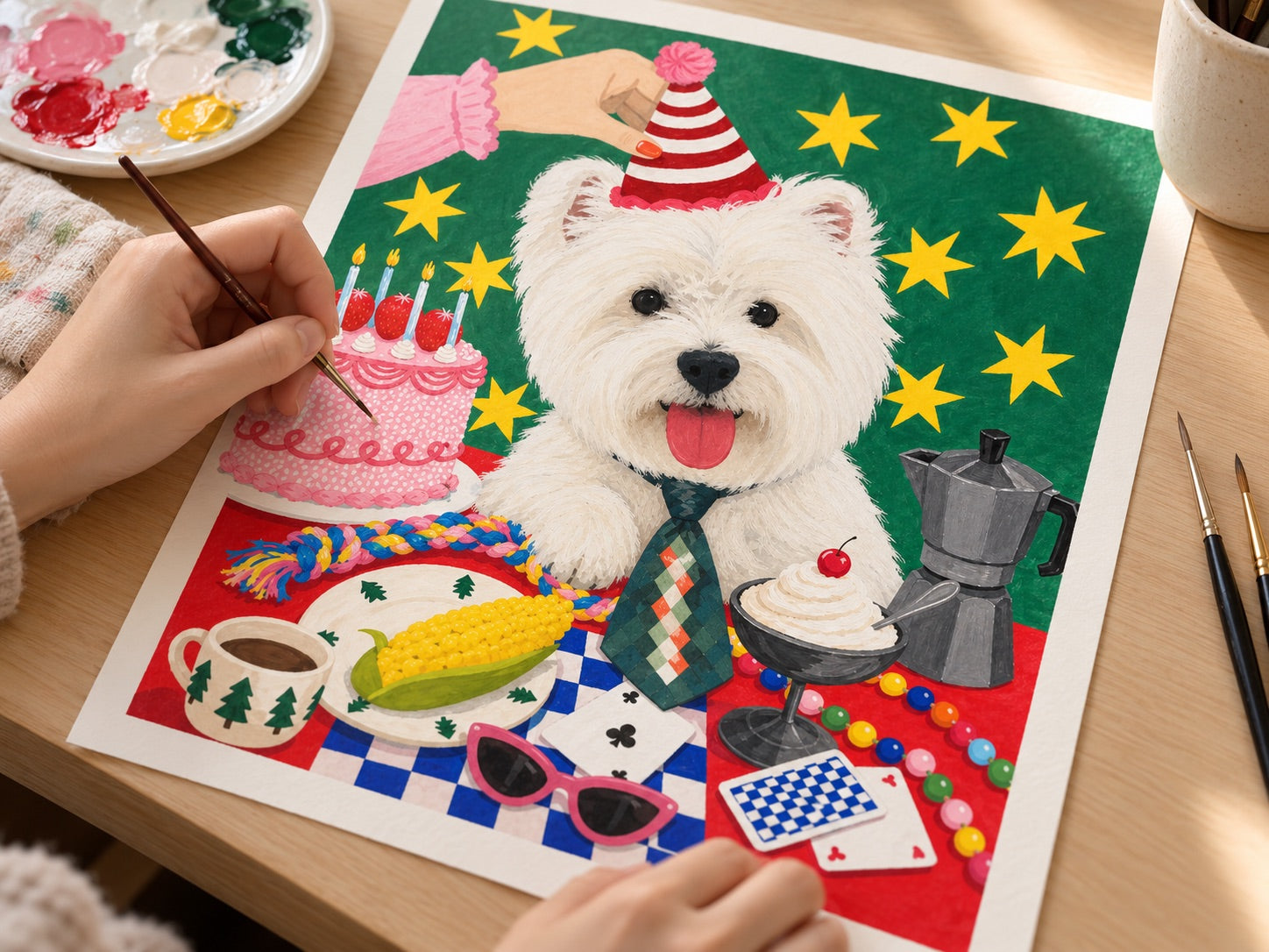 Process illustration of a designer using a fine brush to refine colors on the printed portrait.