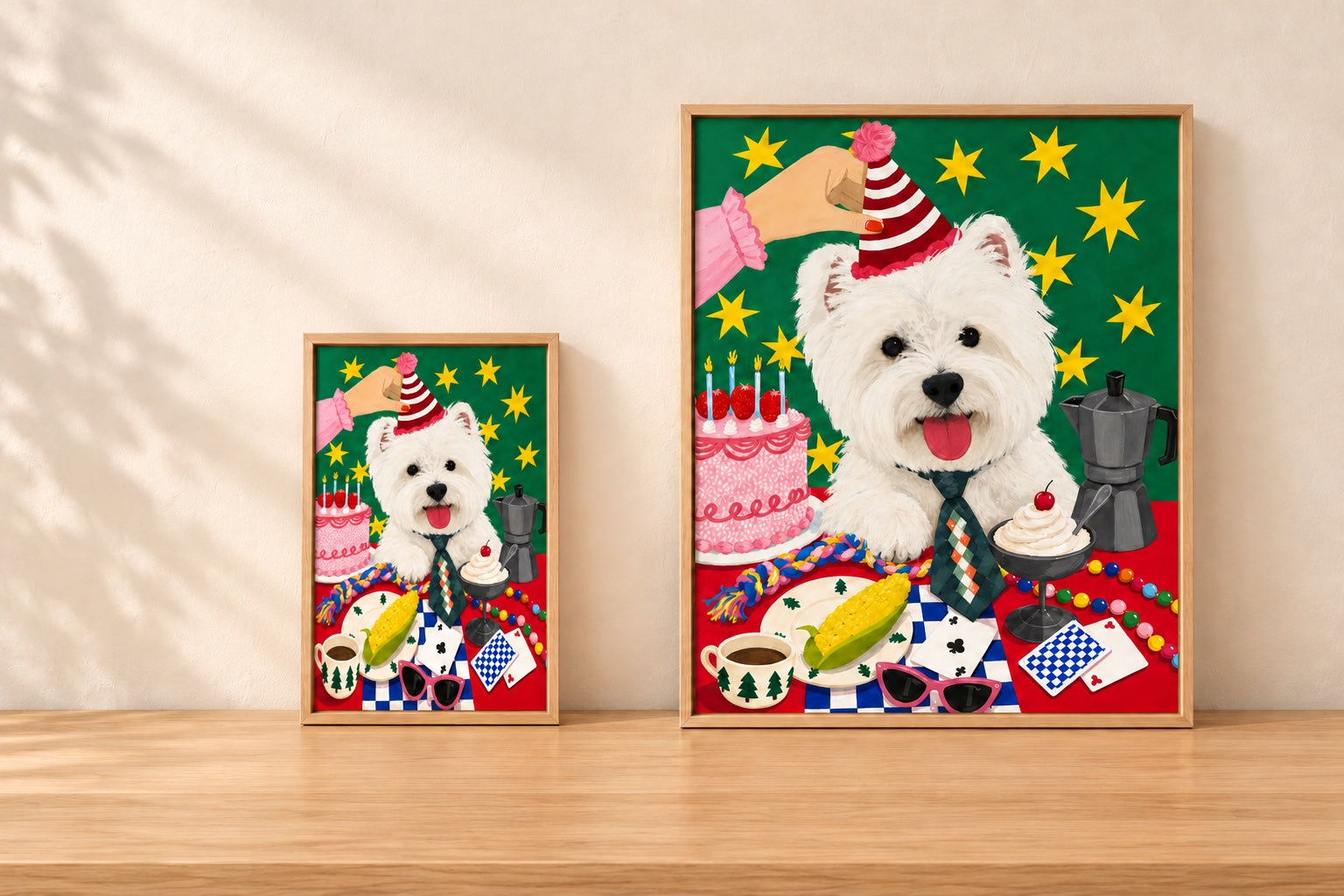 Two pet portraits in natural wood frames on the same tabletop: 20 × 30 cm on the left and 40 × 50 cm on the right. Artwork dimensions exclude the frame.