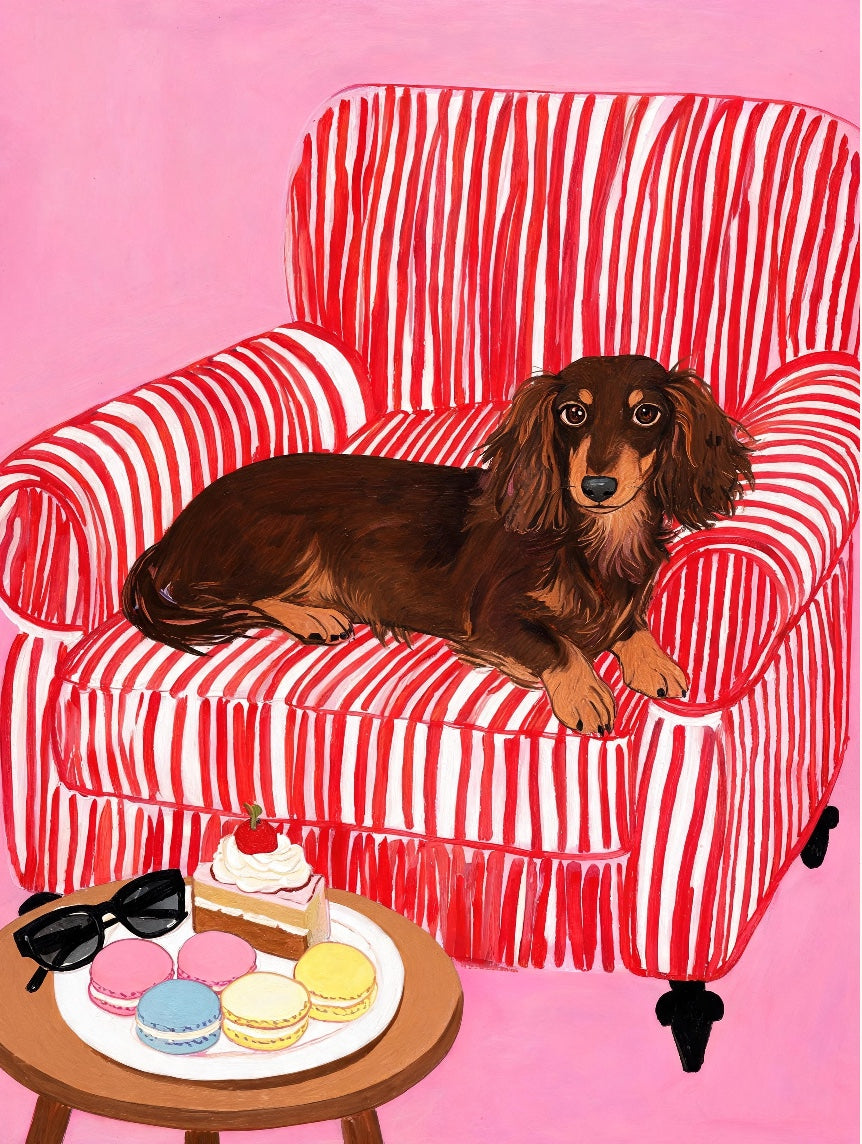 Pink background + red striped sofa
