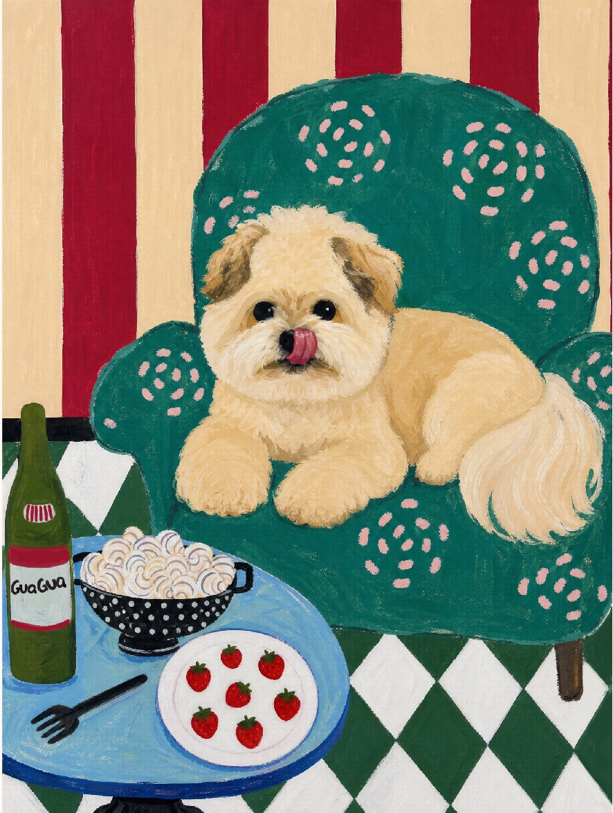 Red striped background + green sofa